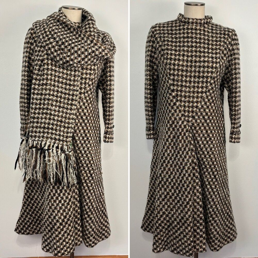 Artisan Handmade Brown Black Houndstooth Tweed Midi Dress Scarf VTG Reproduction